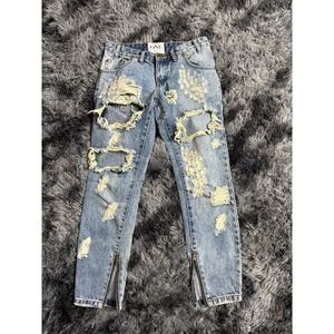 One A Distressed Light Blue Skinny Jeans with Front Zippers